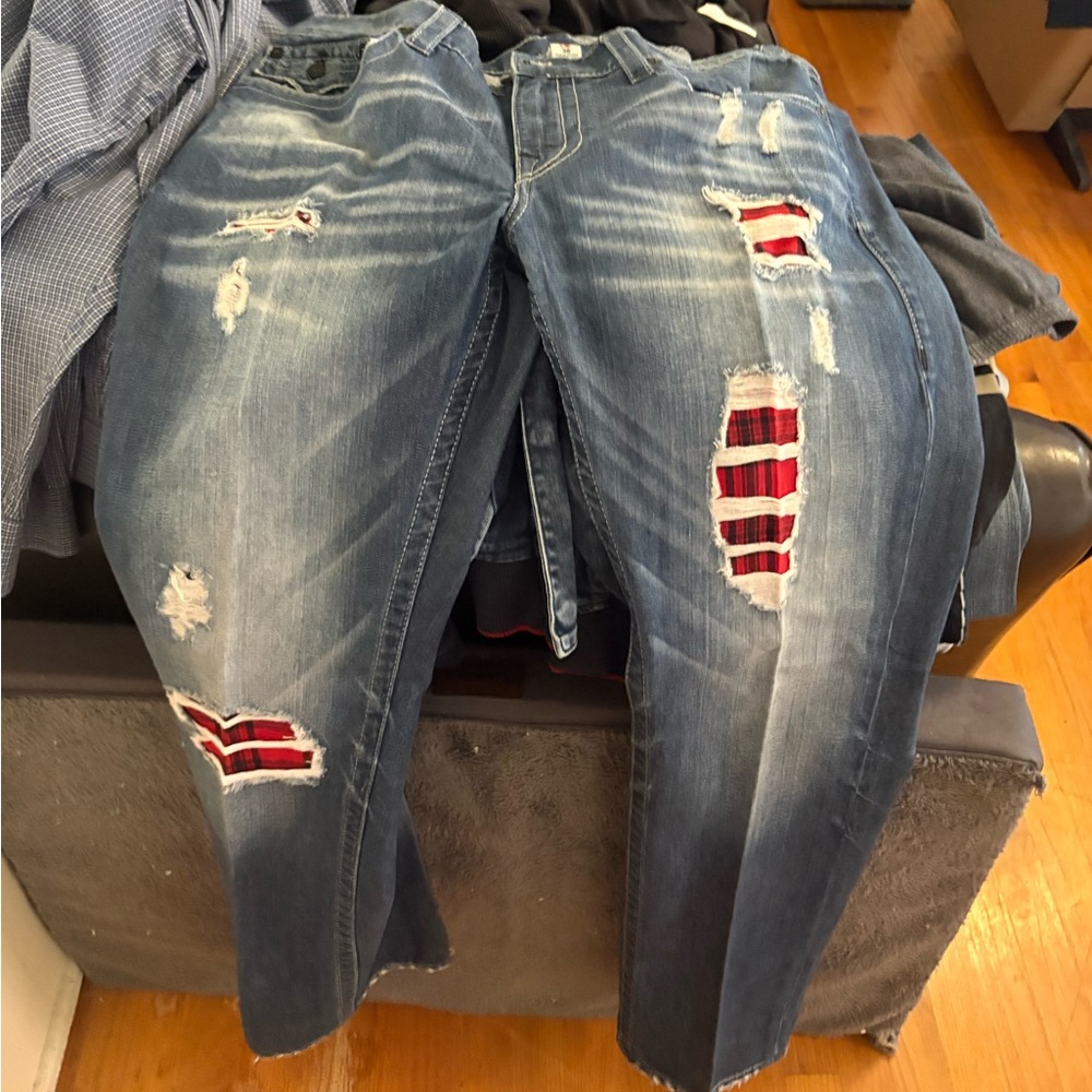 True Religion Blue Jeans with Red Plaid Accents